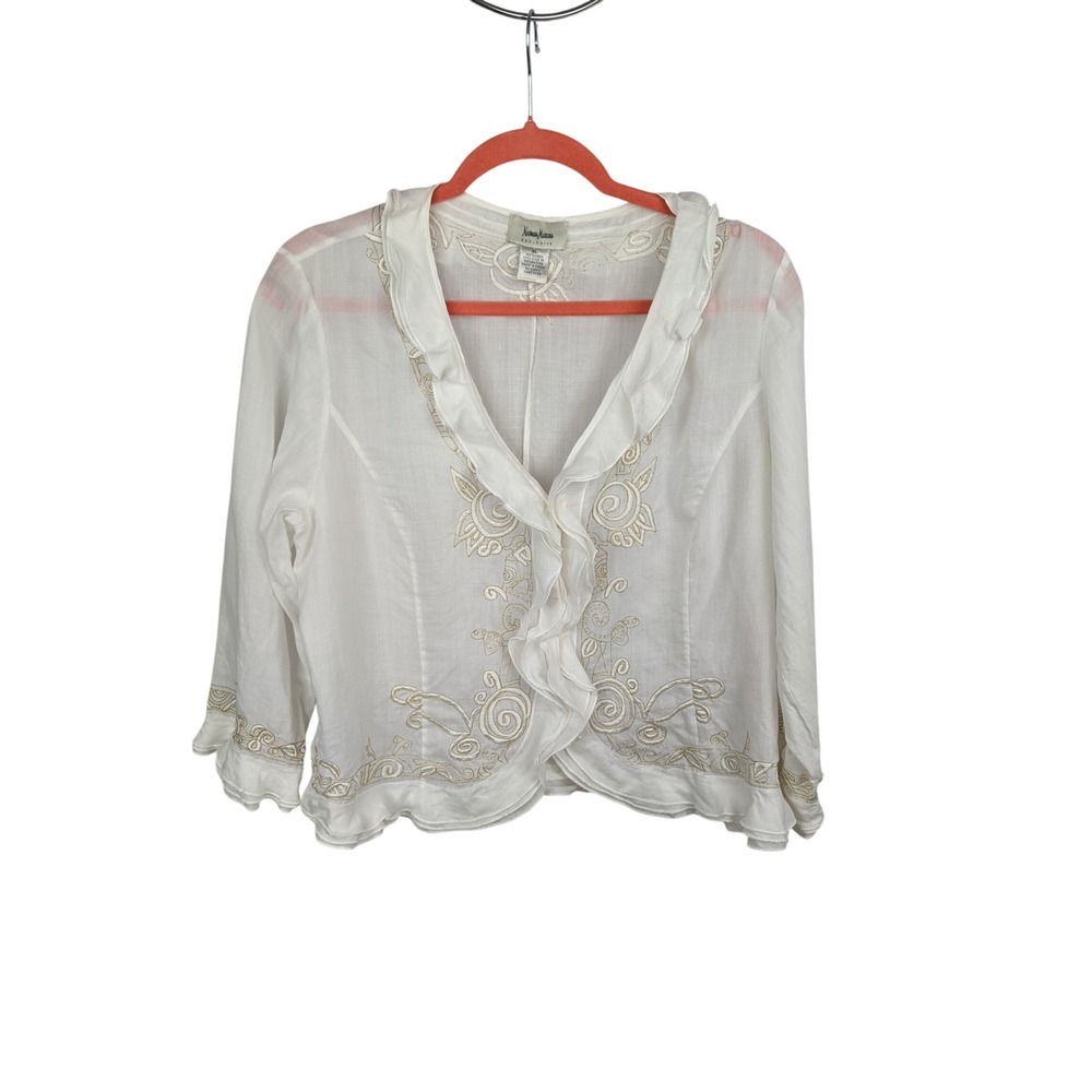 Neiman Marcus Exclusive White Linen Embroidered Ruffle Blouse XL 3/4 Sleeve